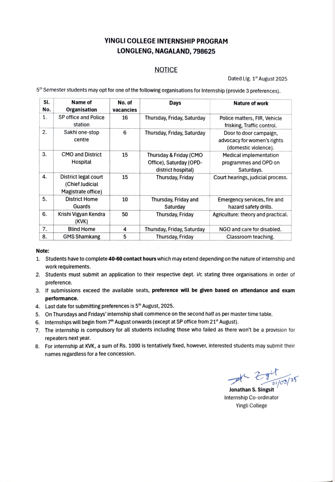 Notice for 5th semester Internship